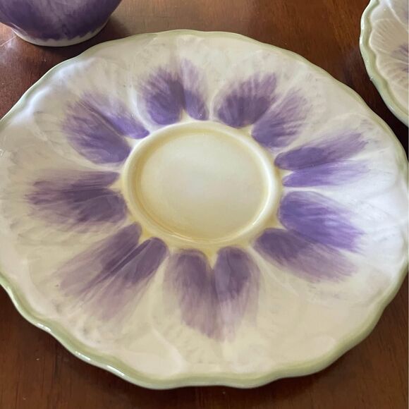Longaberger Pottery Teacups And Saucers (2) Purple Crocus Flowers - Picture 9 of 10